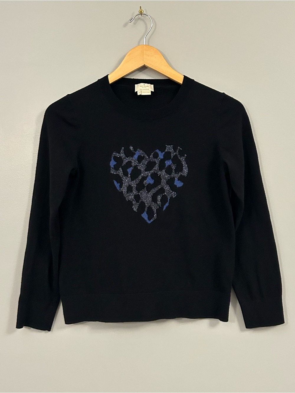 kate spade Broome Street Black Crew Sweater with Blue and Silver Heart Leopard